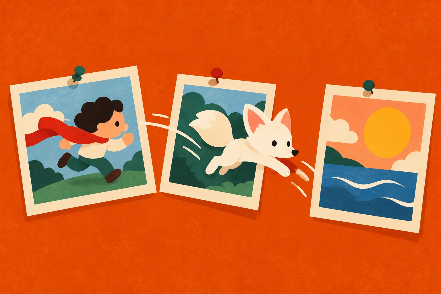 Three storyboard frames, with a runner and a white fox leaping between them