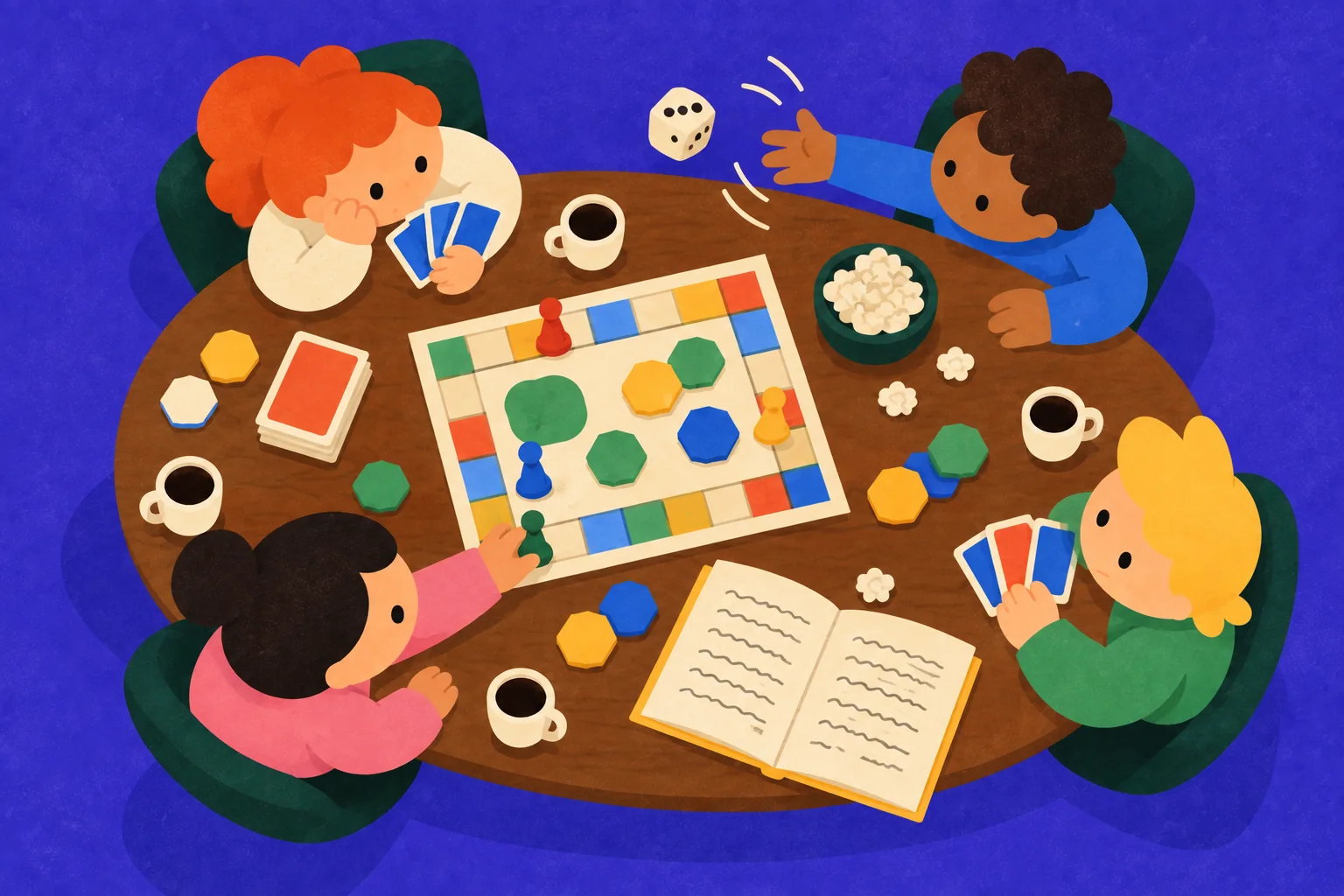 Four friends around a board game, one throwing a die