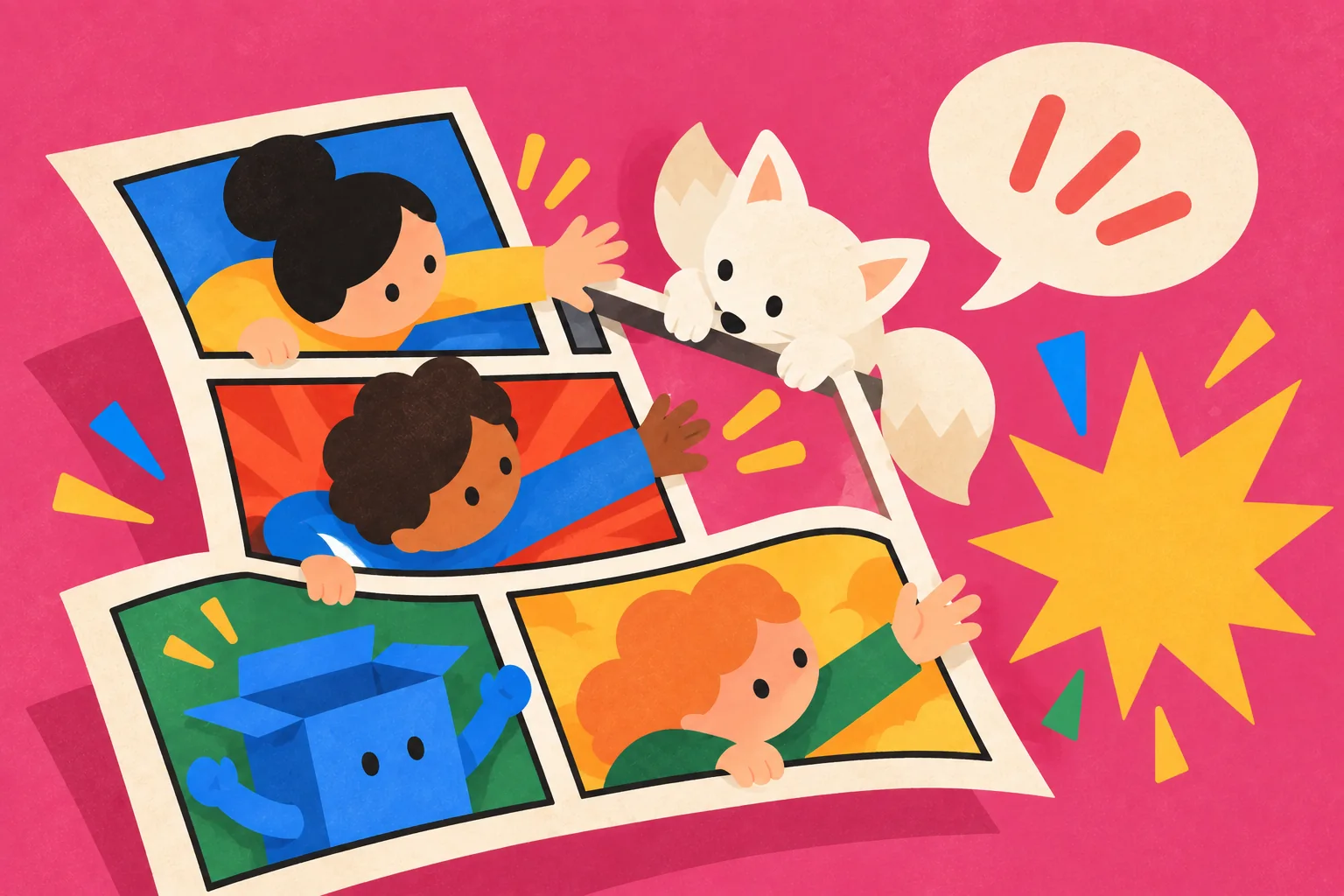 Comic characters leaning out of their panels, with a white fox climbing over the page