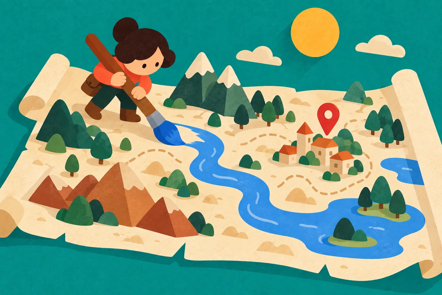 A cartographer painting a river onto a giant parchment map