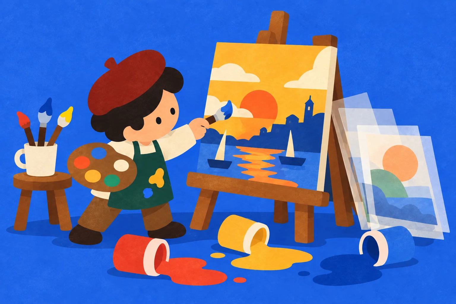 A painter in a beret at an easel, painting a harbour at sunset