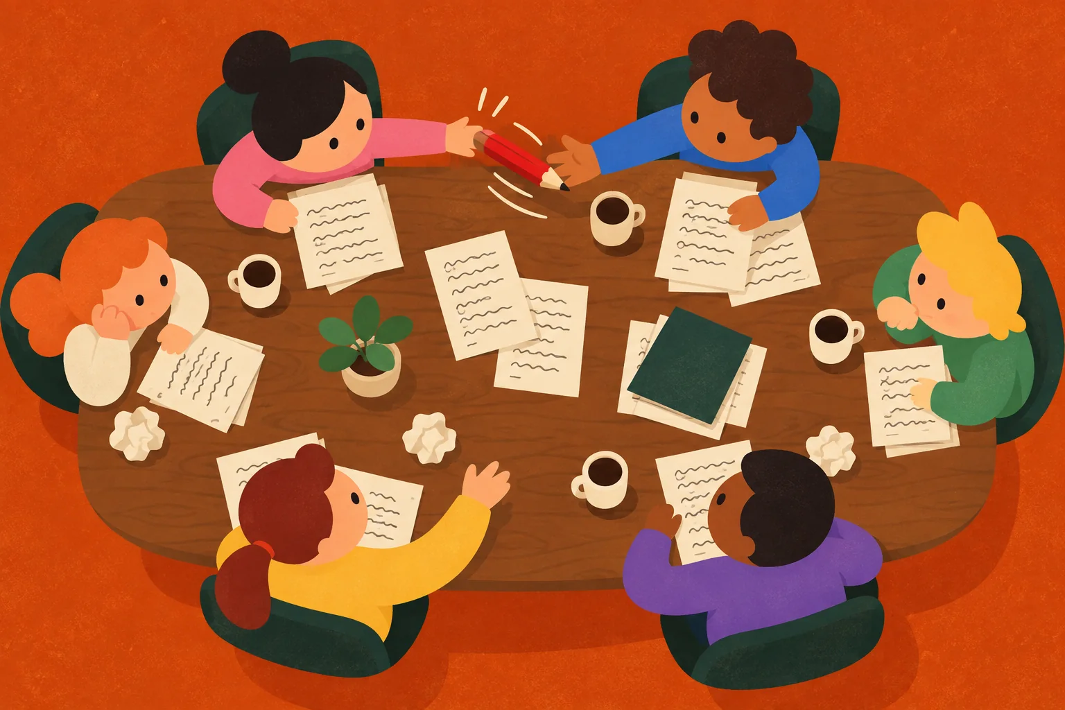 Six writers around a table, passing a red pencil across the scripts