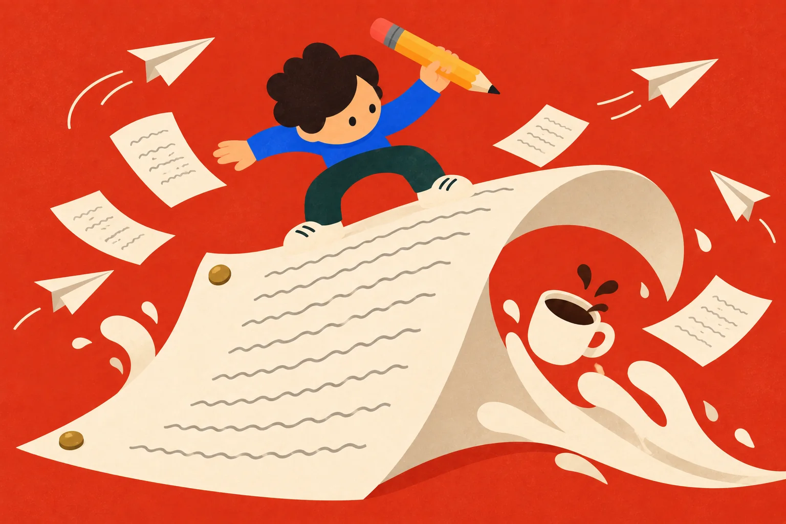 A writer surfing a curling screenplay page with a pencil held high