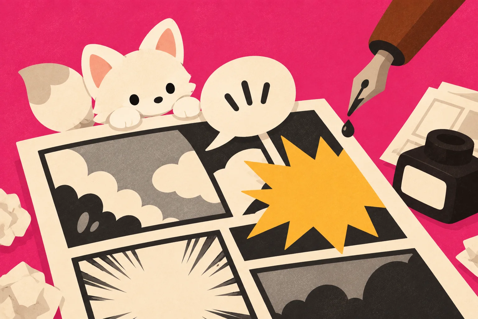 A white fox peeking over a manga page beside a dip pen and an ink bottle