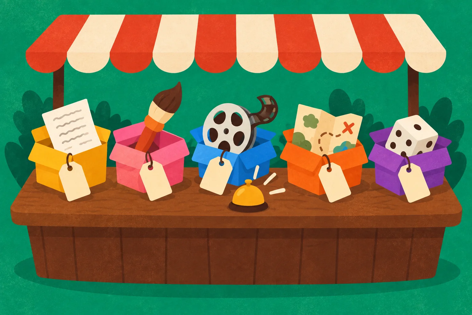 A little shop counter with a coloured box for every app