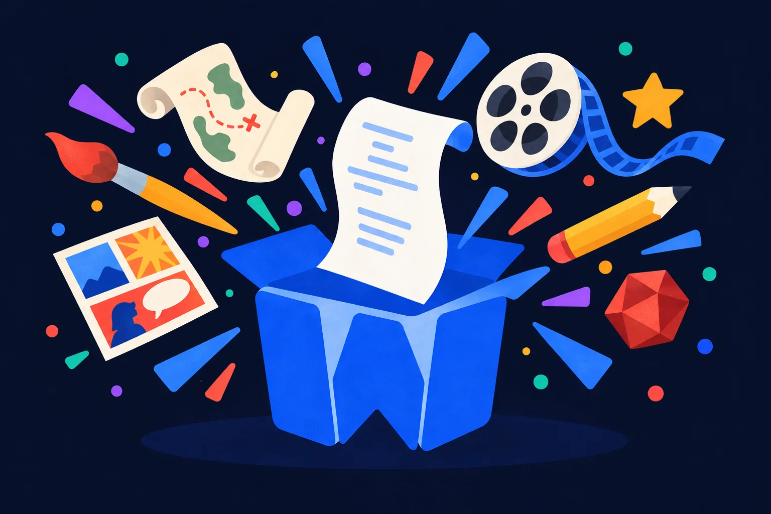 The WritersBox box bursting open with a script, a map, a brush, a film reel and a pencil