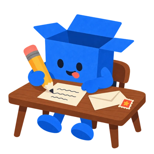 The WritersBox box writing a letter at a little desk