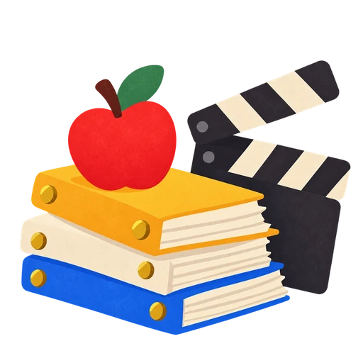 A shiny red fruit on a stack of screenplays beside a clapperboard