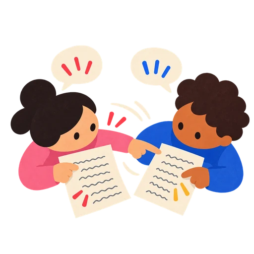 Two students swapping scripts and pointing at each other’s notes