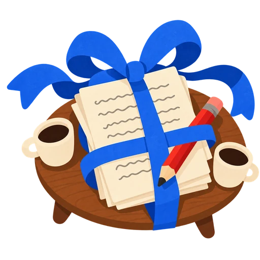 A screenplay and a table with coffee and a red pencil, tied up with a blue bow like a gift