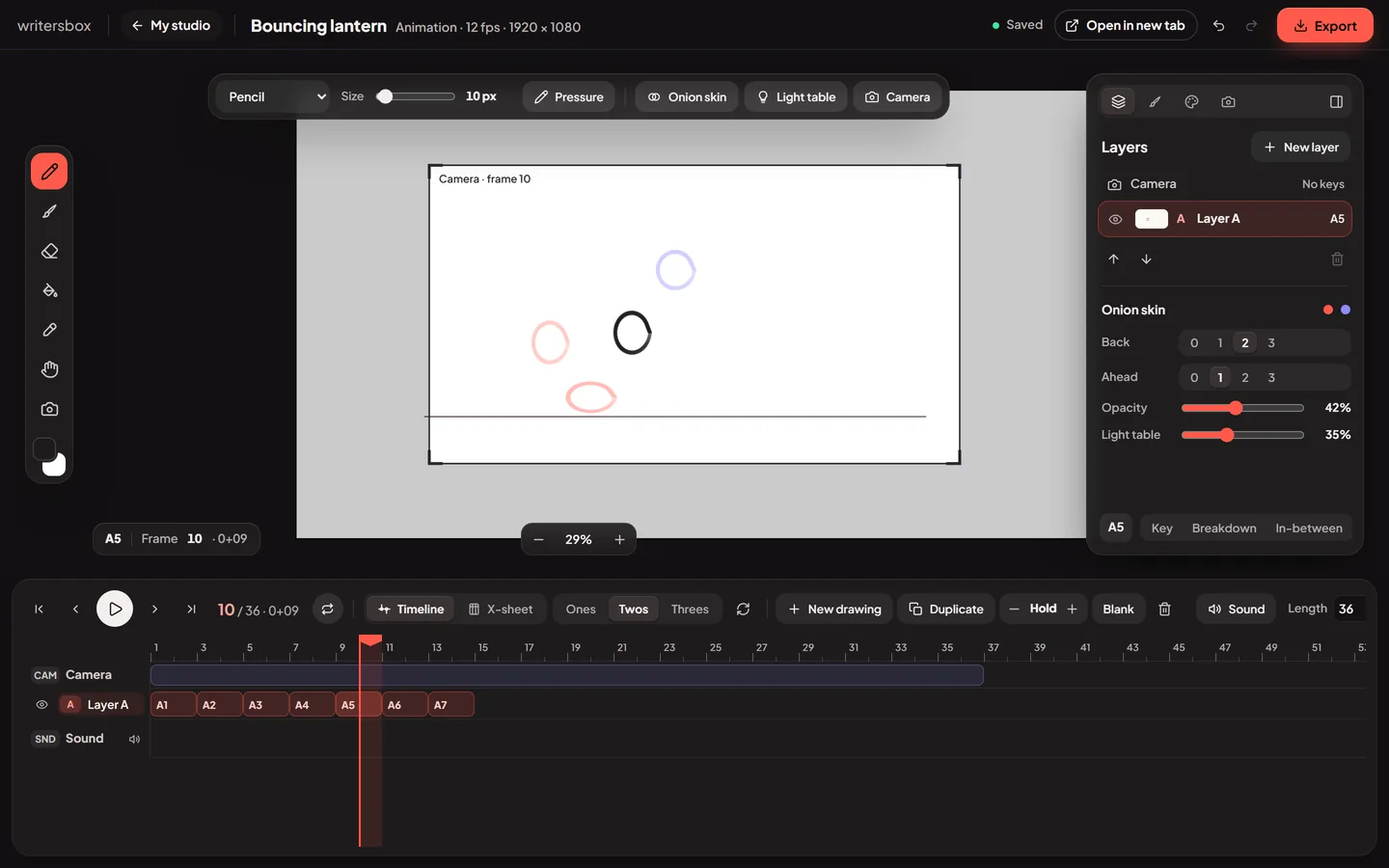 Animation in WritersBox: 2D, drawing by drawing.