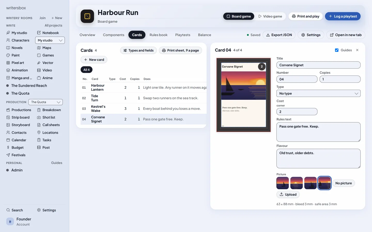 Game planner in WritersBox: Board games and video games.