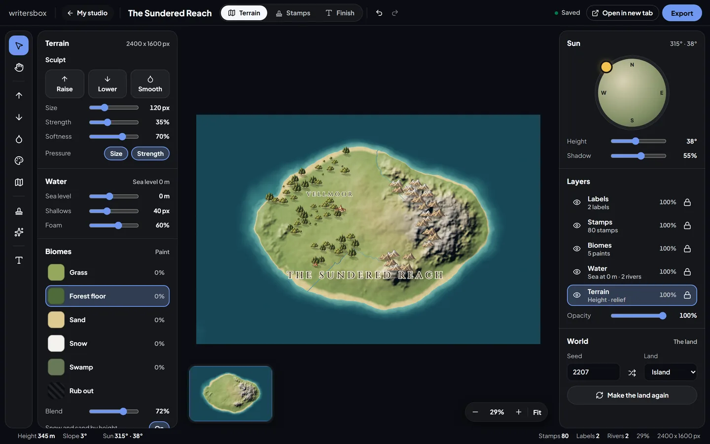 Map maker in WritersBox: Terrain lit by a sun.