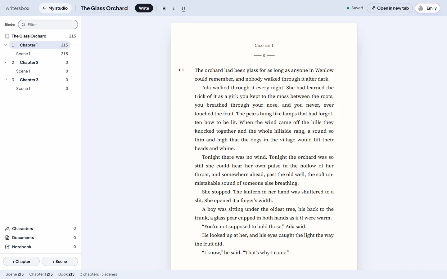 Novels in WritersBox: A binder of parts, chapters and scenes.