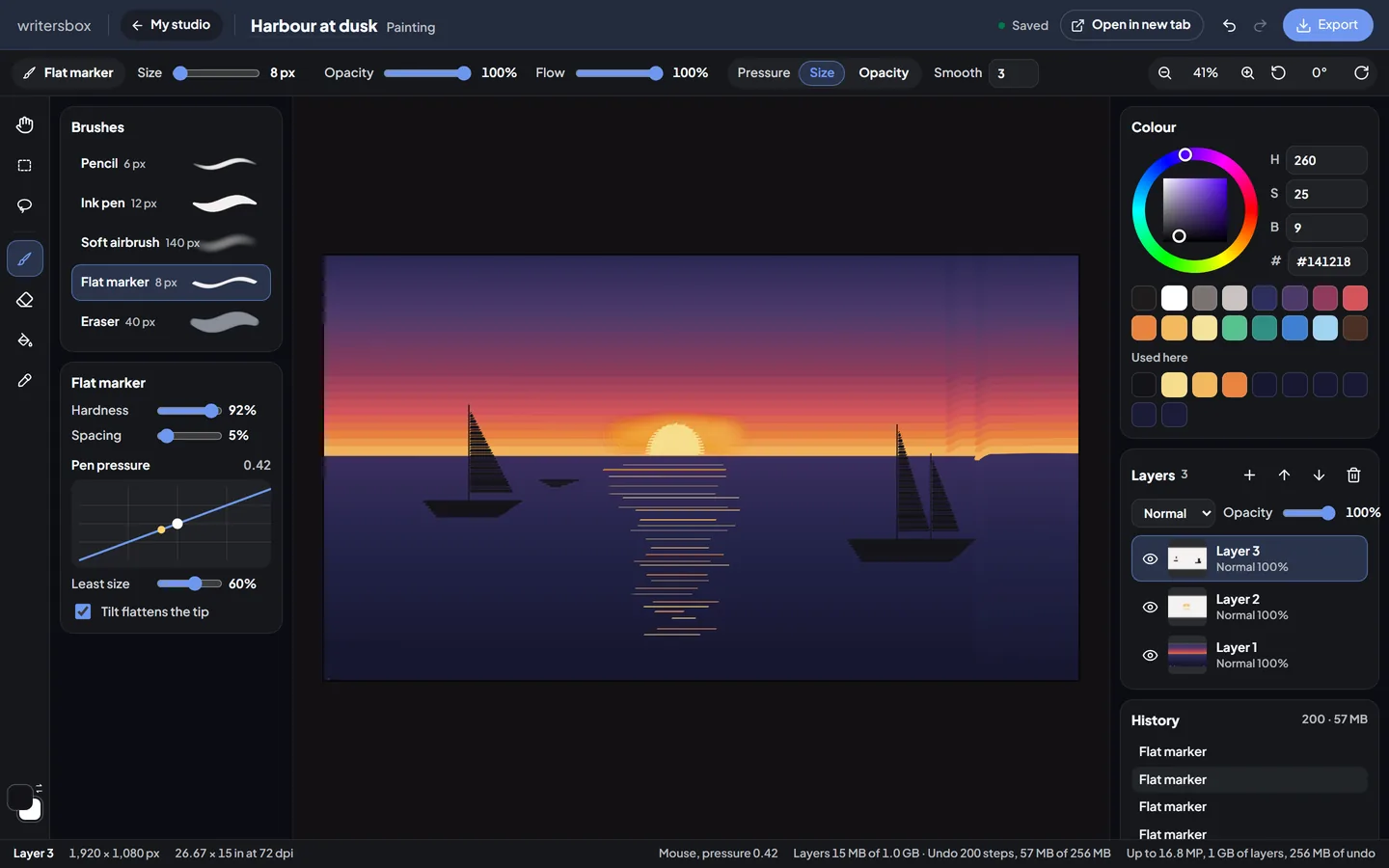 Paint in WritersBox: Pressure brushes and real layers.