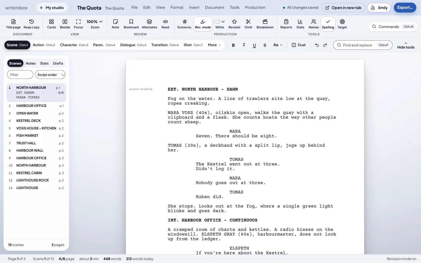 Script writing in WritersBox: the first page of a pilot called The Quota, with its scene list