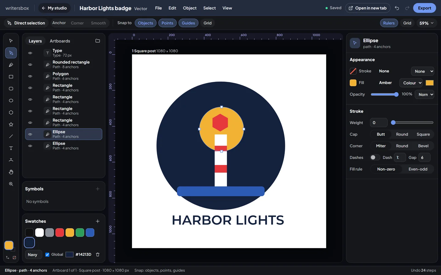 Vector in WritersBox: Pen, shapes and type on a path.